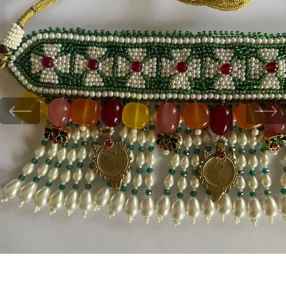 CHOKER  embroidered with pearls with drop pearls,colorful stones & old coins